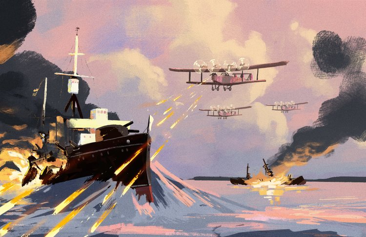 A painting of the transport war, two old fashioned areoplanes fire at a battleship from above.